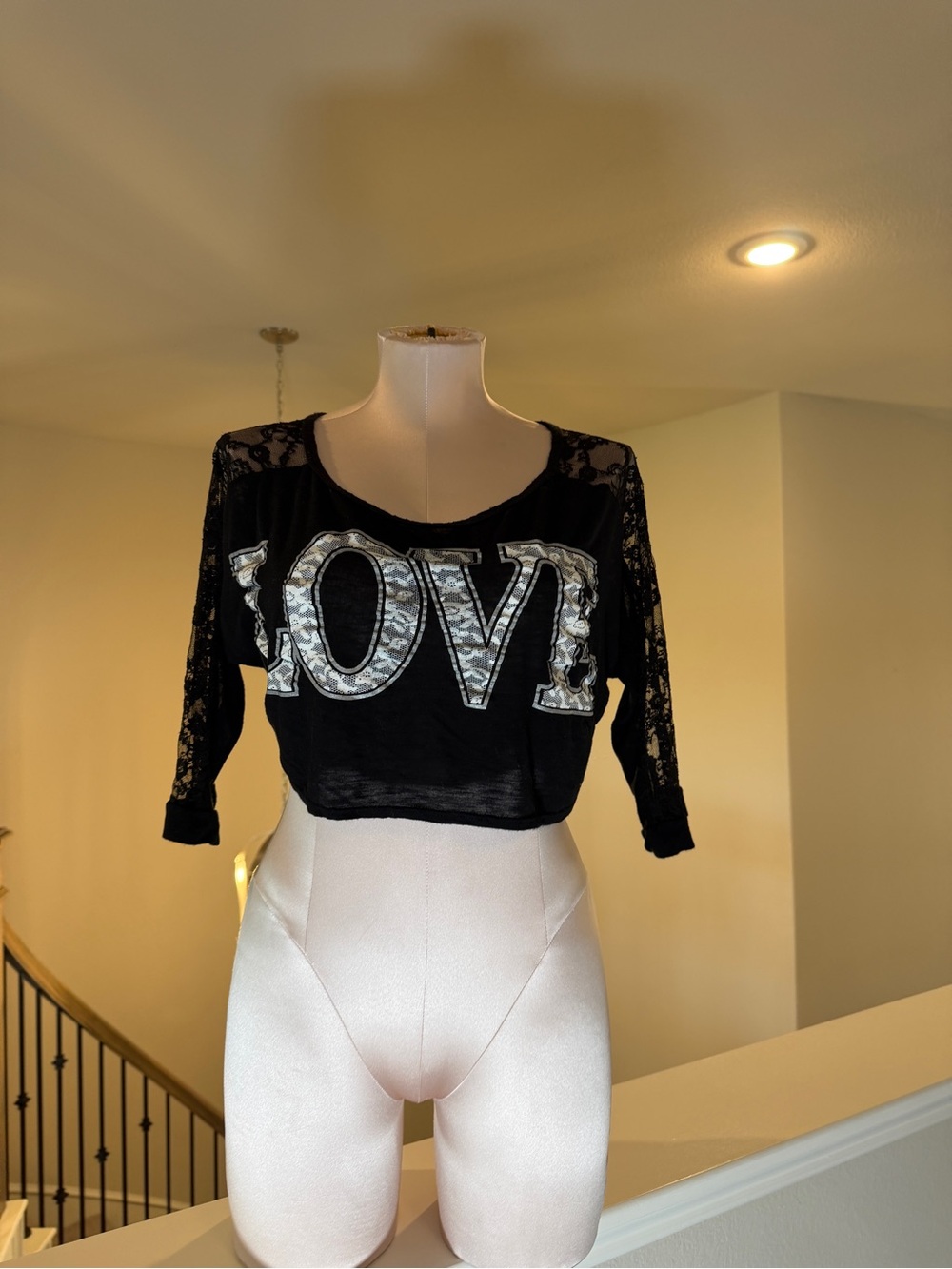 Black Lace-Sleeve Cropped Top with Metallic 'LOVE' Detail